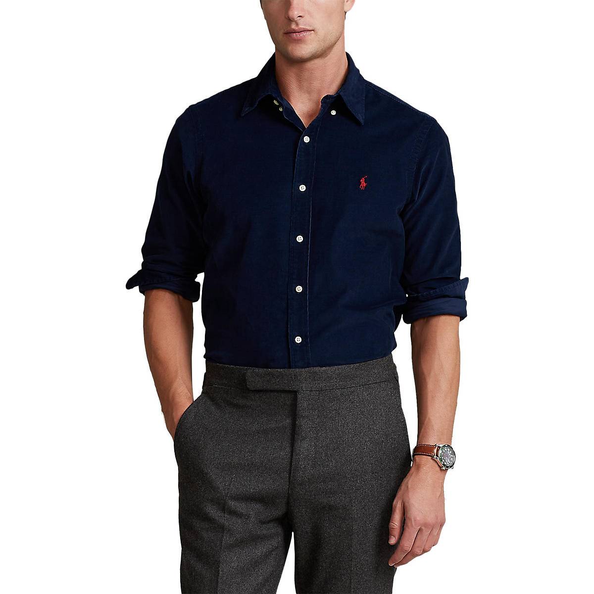 Рубашка Зауженная из рифленого велюра L синий Polo Ralph Lauren для мужчин  купить за 18024 руб в Старом Осколе - SKU11309394