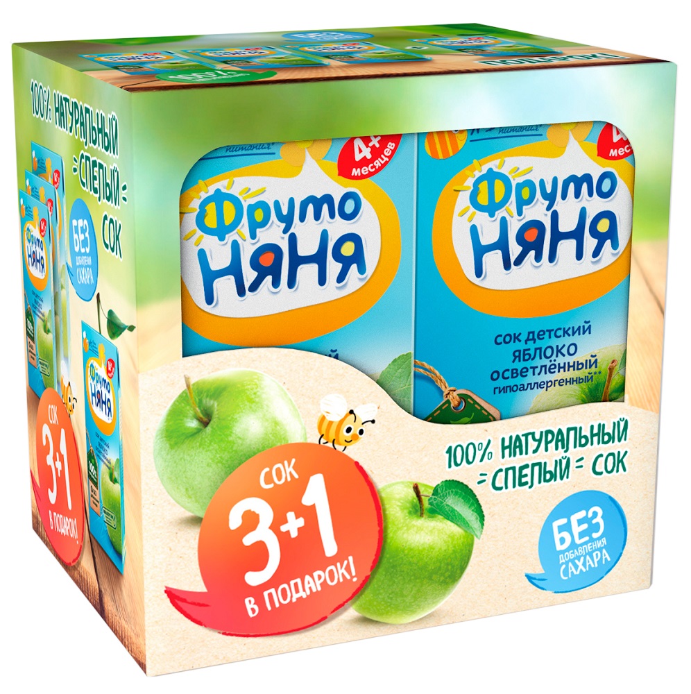 Сок ФрутоНяня Мультипак quot;Сок яблочный осветленныйquot; 4*02л (P058400) купить за 110